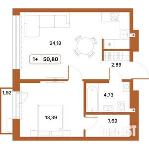 1-к квартира, строящийся дом, 51м2, 2/14 этаж