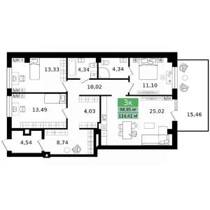 3-к квартира, вторичка, 114м2, 1/12 этаж