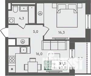 1-к квартира, строящийся дом, 43м2, 5/7 этаж