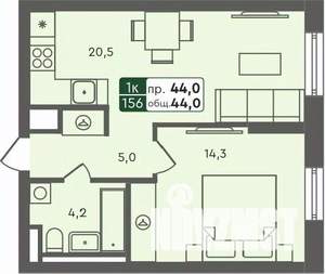 1-к квартира, строящийся дом, 44м2, 3/7 этаж