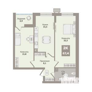 2-к квартира, вторичка, 67м2, 9/9 этаж