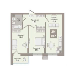 2-к квартира, вторичка, 59м2, 6/9 этаж