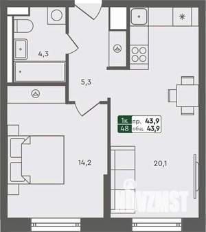 1-к квартира, строящийся дом, 44м2, 2/7 этаж