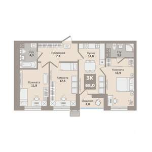 3-к квартира, вторичка, 68м2, 5/9 этаж