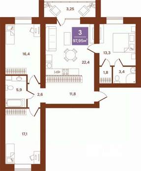 3-к квартира, строящийся дом, 98м2, 2/9 этаж