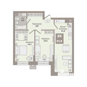 2-к квартира, вторичка, 62м2, 2/9 этаж