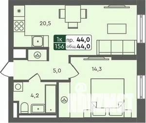 1-к квартира, строящийся дом, 44м2, 4/7 этаж