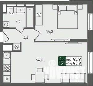1-к квартира, строящийся дом, 46м2, 4/7 этаж