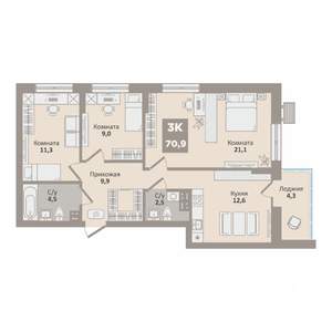 3-к квартира, вторичка, 71м2, 5/9 этаж