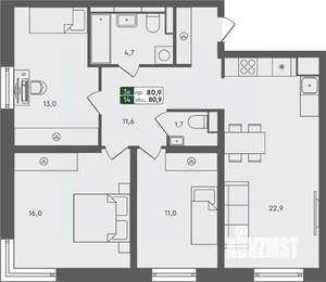 3-к квартира, строящийся дом, 81м2, 4/7 этаж