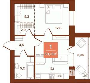 1-к квартира, строящийся дом, 50м2, 8/9 этаж