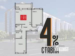 2-к квартира, строящийся дом, 57м2, 6/10 этаж