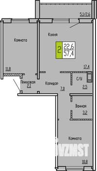 2-к квартира, строящийся дом, 57м2, 9/10 этаж