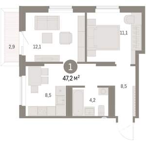 2-к квартира, вторичка, 47м2, 7/8 этаж