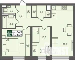 2-к квартира, строящийся дом, 67м2, 4/7 этаж