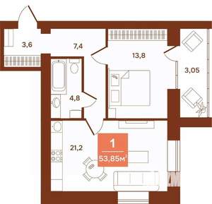 1-к квартира, строящийся дом, 54м2, 2/9 этаж