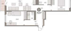 2-к квартира, вторичка, 73м2, 3/15 этаж