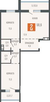2-к квартира, сданный дом, 59м2, 1/10 этаж