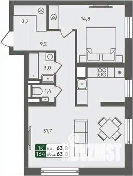 1-к квартира, строящийся дом, 64м2, 4/7 этаж