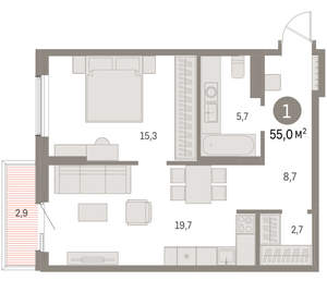 1-к квартира, вторичка, 55м2, 6/15 этаж