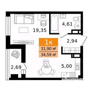 1-к квартира, вторичка, 35м2, 2/8 этаж