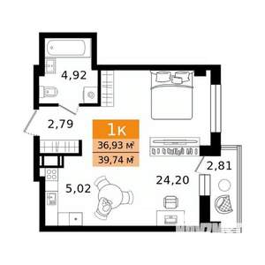 1-к квартира, вторичка, 40м2, 2/12 этаж