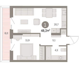 1-к квартира, вторичка, 48м2, 2/15 этаж