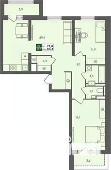 2-к квартира, строящийся дом, 80м2, 3/7 этаж