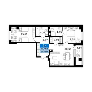 2-к квартира, вторичка, 68м2, 2/12 этаж