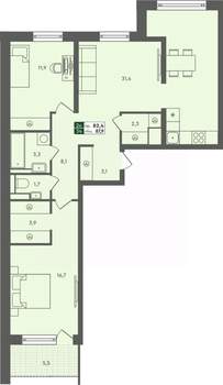 2-к квартира, строящийся дом, 88м2, 2/7 этаж