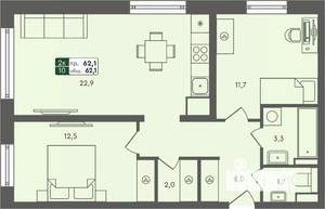 2-к квартира, строящийся дом, 62м2, 4/7 этаж