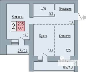 2-к квартира, строящийся дом, 66м2, 17/17 этаж
