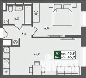 1-к квартира, строящийся дом, 46м2, 2/7 этаж