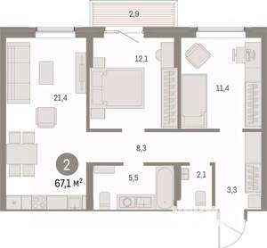 2-к квартира, вторичка, 67м2, 13/15 этаж