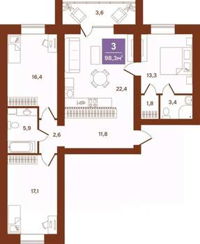 3-к квартира, строящийся дом, 98м2, 6/9 этаж