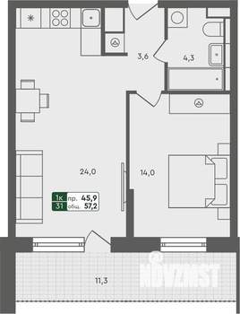 1-к квартира, строящийся дом, 57м2, 2/7 этаж