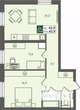 2-к квартира, строящийся дом, 63м2, 3/7 этаж