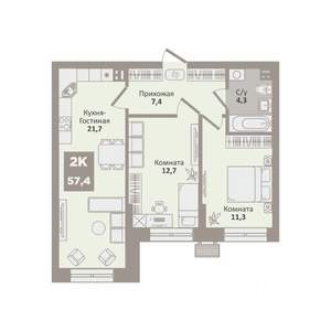 2-к квартира, вторичка, 57м2, 2/9 этаж