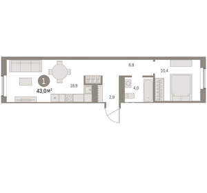 1-к квартира, вторичка, 43м2, 4/15 этаж