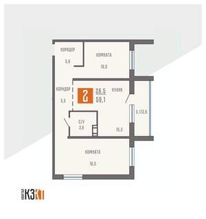 2-к квартира, сданный дом, 59м2, 1/10 этаж