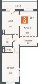 2-к квартира, сданный дом, 52м2, 10/10 этаж