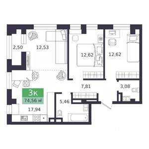 3-к квартира, вторичка, 75м2, 8/9 этаж