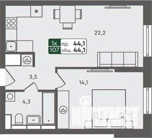 1-к квартира, строящийся дом, 44м2, 2/7 этаж