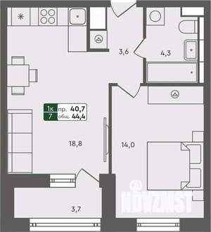 1-к квартира, строящийся дом, 44м2, 7/7 этаж