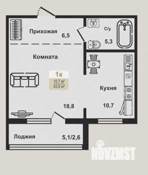 1-к квартира, вторичка, 44м2, 8/10 этаж