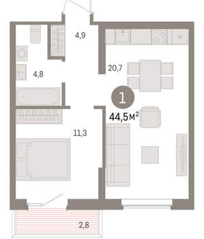 1-к квартира, вторичка, 44м2, 7/15 этаж