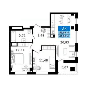 2-к квартира, вторичка, 62м2, 2/11 этаж