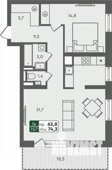 1-к квартира, строящийся дом, 74м2, 2/7 этаж