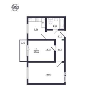 2-к квартира, вторичка, 55м2, 3/3 этаж