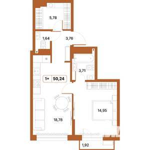 1-к квартира, строящийся дом, 51м2, 4/14 этаж
